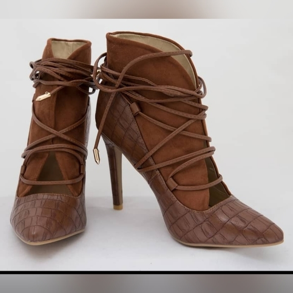Shoes - BROWN, croc print, lace tie bootie, 4 inches